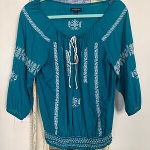 VINTAGE 90's BANANA REPUBLIC TEAL EMBROIDERY PEASANT BLOUSE S